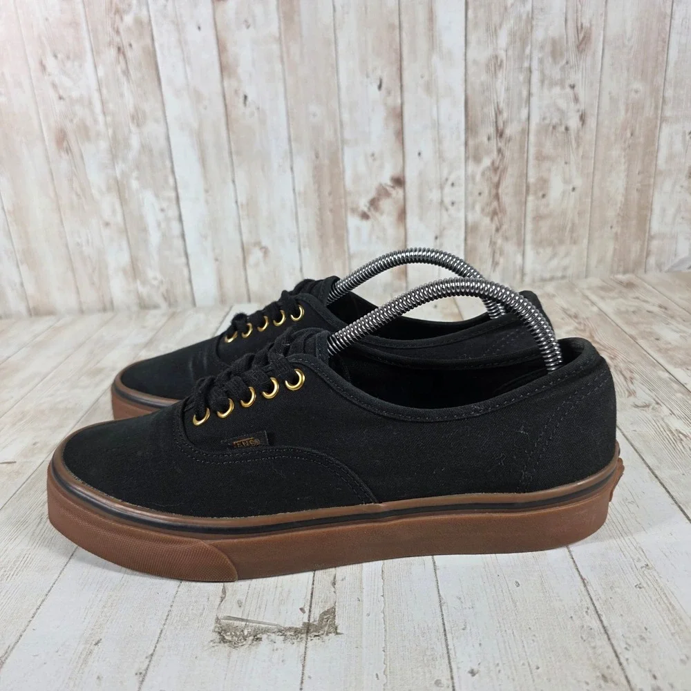 Vans Authentic Black Gum Sole Gold‎ Eyelets Mens 9.5 Sneakers Low Top Canvas